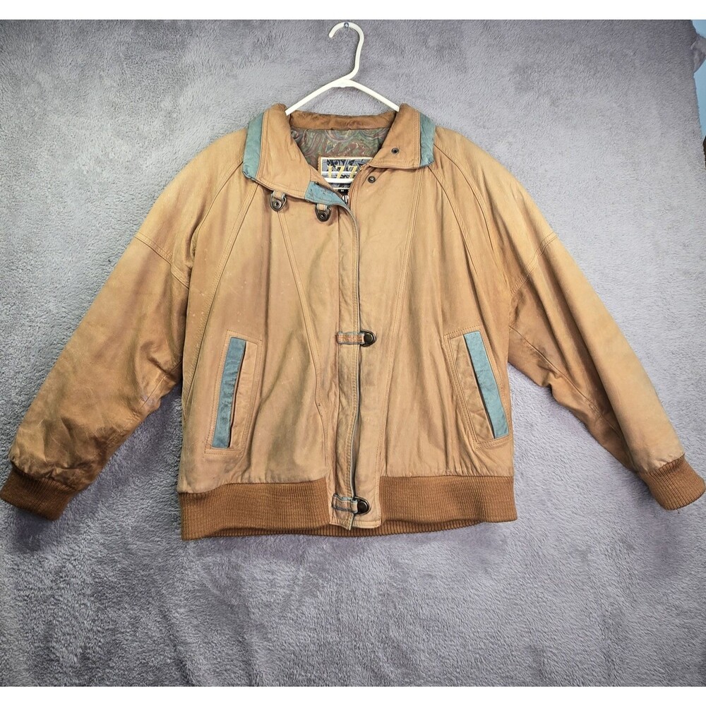 Vintage IZZI Brown Tan Genuine Leather Bomber Jacket 80s 90s Era Size Medium